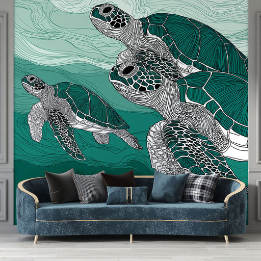 Un salon moderne avec un papier peint représentant des tortues marines stylisées sur un fond dégradé de verts, créant une atmosphère apaisante et marine.