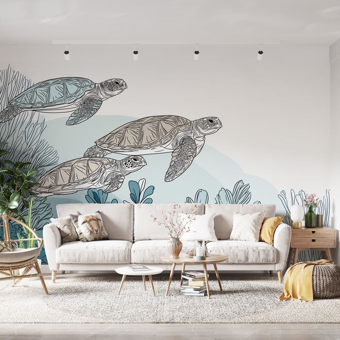 Un salon lumineux avec un papier peint illustrant des tortues marines stylisées sur un fond bleu apaisant, évoquant une ambiance marine et relaxante.