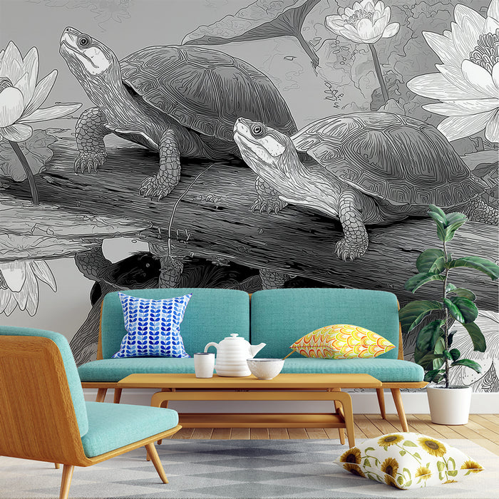 Un salon moderne avec un papier peint illustratif représentant des tortues sur un tronc, entourées de nénuphars, créant une ambiance naturelle et apaisante.