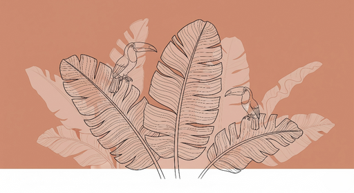 Papier peint toucan et feuillage Motif de toucans sur fond terracotta avec grandes feuilles tropicales