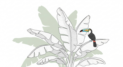 Papier peint toucan et feuillage tropical Un motif élégant de toucan coloré sur des feuilles stylisées