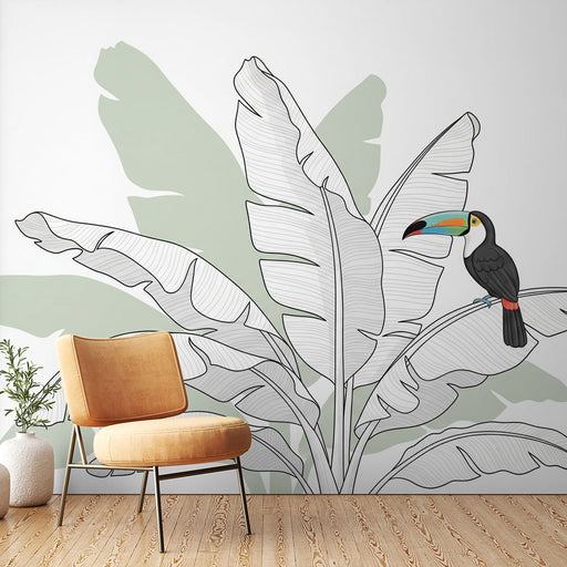 Une pièce moderne avec un papier peint tropical représentant des feuilles stylisées en noir et vert, agrémenté d'un toucan coloré, créant une ambiance vivante et accueillante.