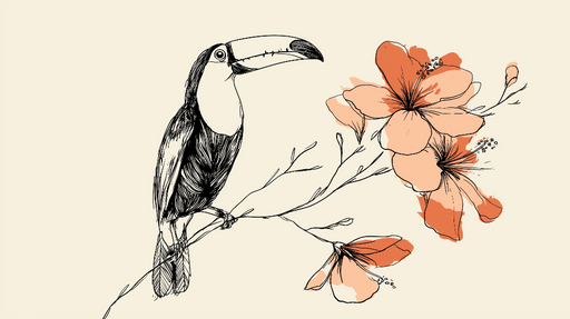 Papier peint toucan et fleurs Illustration d'un toucan entouré de fleurs douces