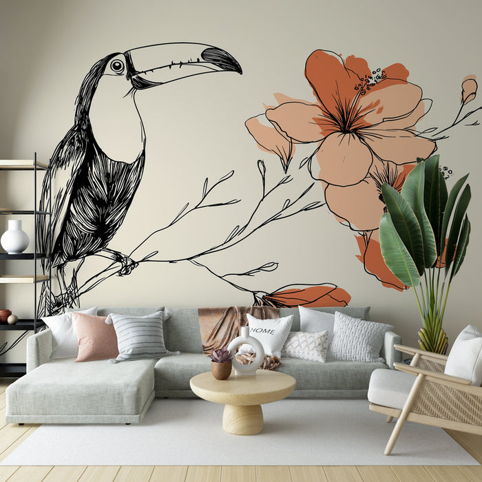 Un salon moderne avec un papier peint illustratif représentant un toucan et des fleurs aux teintes douces, créant une ambiance tropicale et artistique.