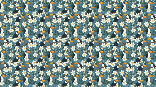 Papier peint toucan et fleurs Motif de toucans et de fleurs blanches sur fond bleu