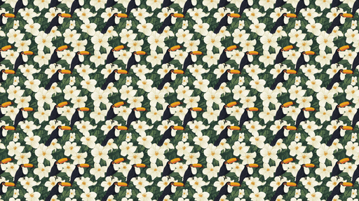 Papier peint toucan et fleurs Motif tropical avec des toucans et des fleurs blanches sur fond vert