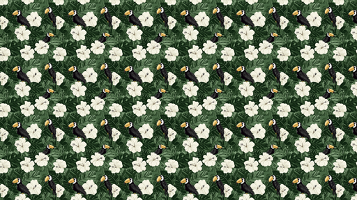 Papier peint toucan et hibiscus Motif tropical avec toucans et fleurs blanches