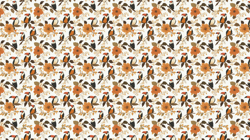 Papier peint toucan & fleurs Motif coloré avec toucans et fleurs orangées sur fond clair