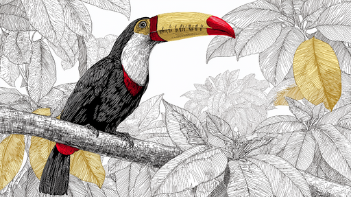 Papier peint toucan Illustration d'un toucan aux couleurs vives sur fond de feuillage artistique