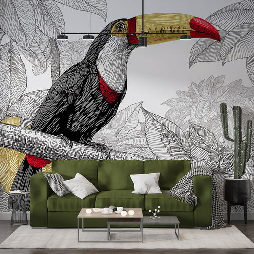 Un salon moderne avec un papier peint illustratif représentant un toucan coloré sur fond de feuillage graphique, créant une ambiance tropicale et vivante.