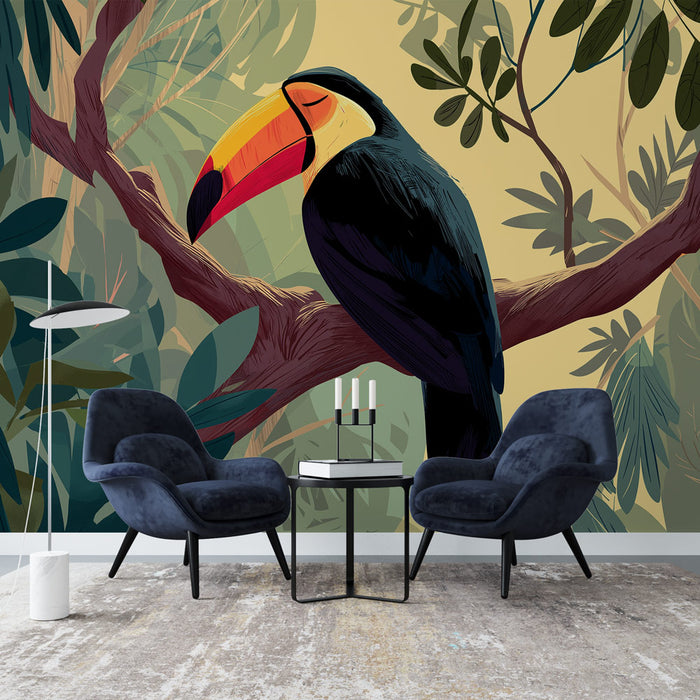 Une pièce moderne avec un papier peint tropical représentant un toucan coloré sur fond beige, évoquant une ambiance vivante et chaleureuse.