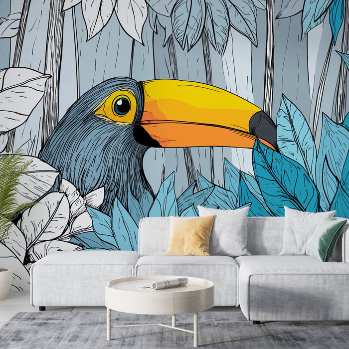 Un salon moderne avec un papier peint tropical représentant un toucan stylisé entouré de feuillages bleus et gris, créant une ambiance vivante et exotique.