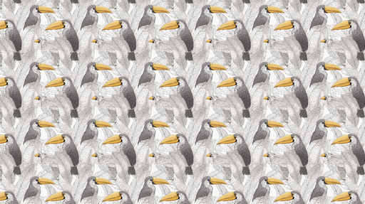 Papier peint toucan Motif de toucans et de feuilles en noir et blanc avec des accents jaune vif