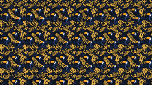 Papier peint toucan Motif de toucans et feuillages dorés sur fond noir
