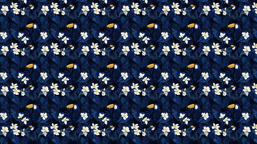 Papier peint toucan Motif tropical avec des fleurs et feuillages sur fond bleu foncé