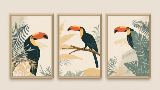 Papier peint toucan Triptyque vibrant avec toucans et feuillage tropical