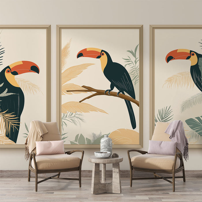 Une salle de séjour avec un papier peint tropical illustrant des toucans colorés entourés de feuilles exotiques, créant une atmosphère vivante et chaleureuse.