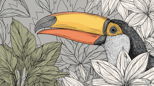 Papier peint toucan Un toucan coloré au milieu de feuillages stylisés