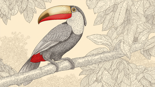 Papier peint toucan Un toucan coloré en fine illustration sur fond doux