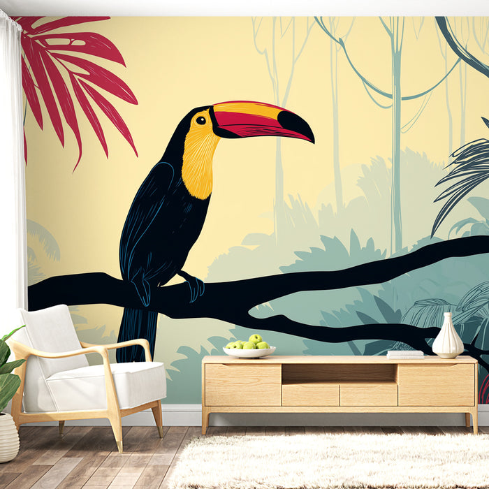 Une pièce lumineuse avec un papier peint tropical représentant un toucan coloré sur fond pastel, créant une ambiance exotique et apaisante.