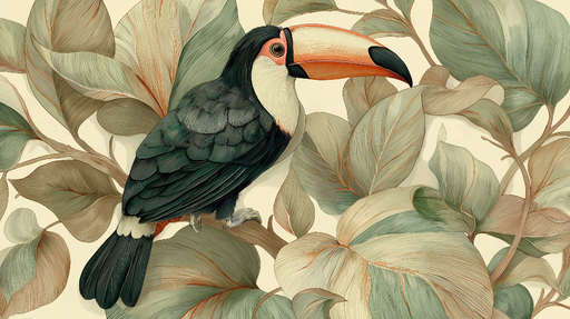 Papier peint toucan Un toucan magnifiquement illustré parmi de grandes feuilles aux tons doux