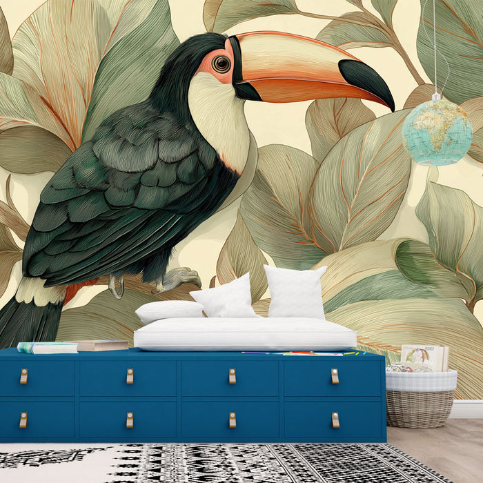 Une chambre moderne avec un papier peint tropical représentant un toucan coloré parmi de grandes feuilles, créant une ambiance vivante et exotique.