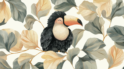 Papier peint toucan Un toucan souriant entouré de feuilles élégantes