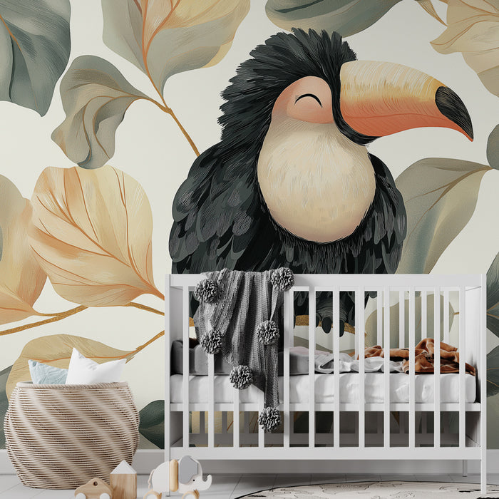 Une chambre d'enfant avec un papier peint illustrant un toucan souriant entouré de grandes feuilles aux teintes douces, créant une atmosphère joyeuse et apaisante.