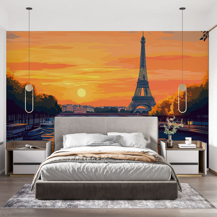 Papier peint coucher de soleil vibrant sur la Seine avec la Tour Eiffel pour chambre moderne