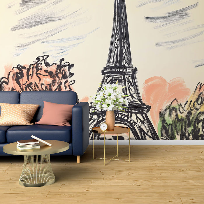 Papier peint artistique avec illustration de la Tour Eiffel entourée de paysages colorés pour salon moderne.