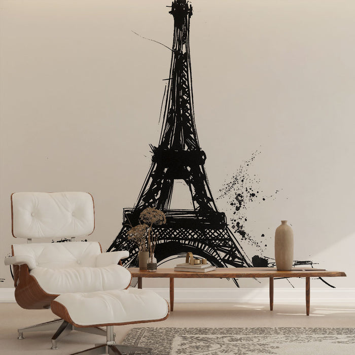 Papier peint artistique noir et blanc avec illustration de la Tour Eiffel pour salon moderne