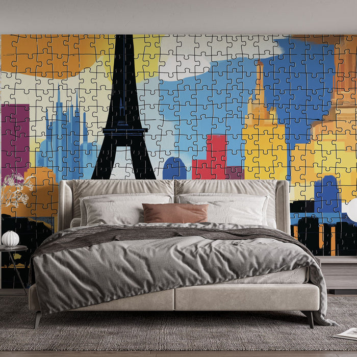 Papier peint mural avec illustration colorée de la Tour Eiffel et bâtiments emblématiques pour chambre moderne
