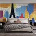 Papier peint mural avec illustration colorée de la Tour Eiffel et bâtiments emblématiques pour chambre moderne