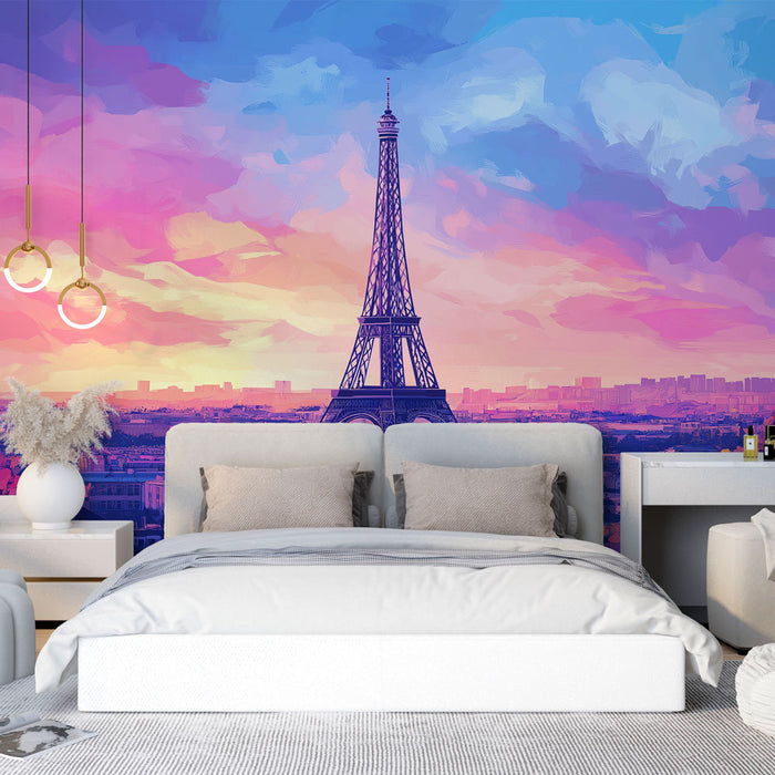 Papier peint panoramique Tour Eiffel avec illustration colorée de Paris au coucher de soleil pour chambre moderne