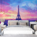 Papier peint panoramique Tour Eiffel avec illustration colorée de Paris au coucher de soleil pour chambre moderne