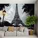 Papier peint mural monochrome avec illustration de la Tour Eiffel sous un ciel nuageux pour salon moderne.