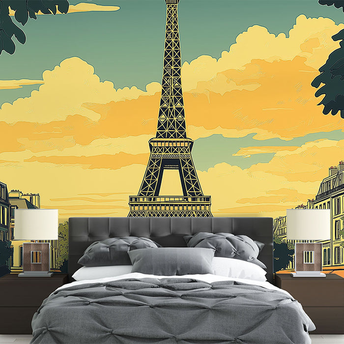 Papier peint chambre adulte avec illustration stylisée de la Tour Eiffel au crépuscule pour une décoration parisienne élégante.