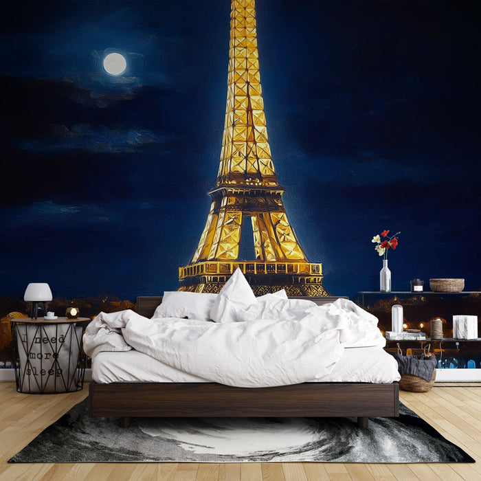 Papier peint tour Eiffel nocturne avec éclairage doré sous la lune pour chambre moderne
