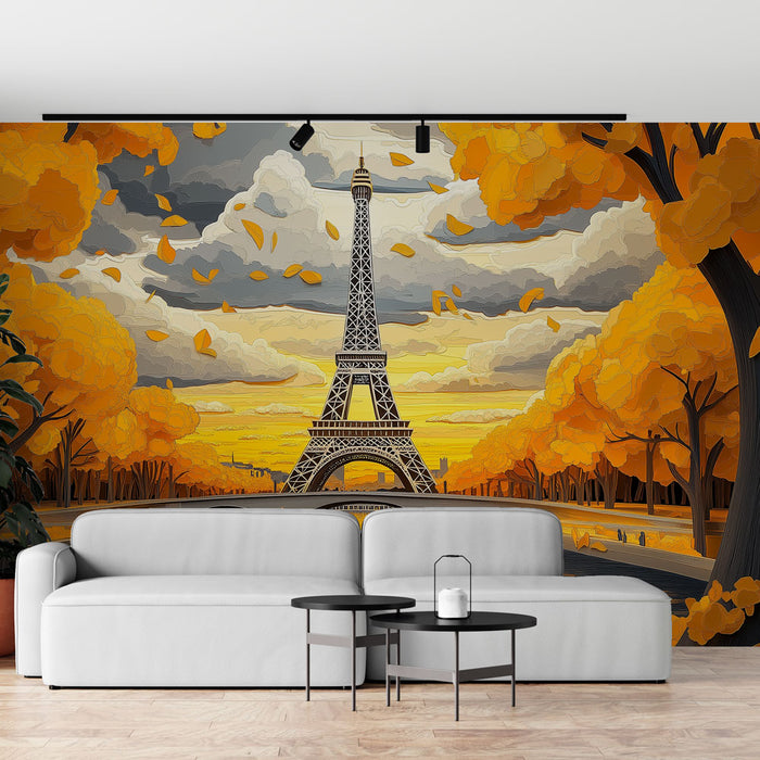Papier peint automnal doré avec la Tour Eiffel pour salon élégant.