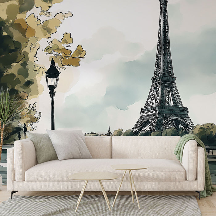 Papier peint urbain avec scène parisienne et Tour Eiffel pour salon moderne