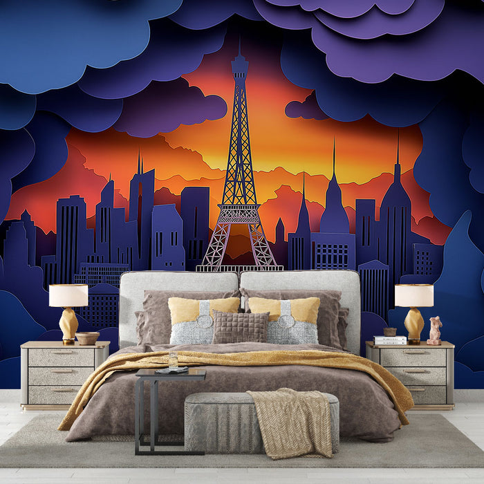 Papier peint moderne avec silhouette de la Tour Eiffel et coucher de soleil pour chambre élégante.