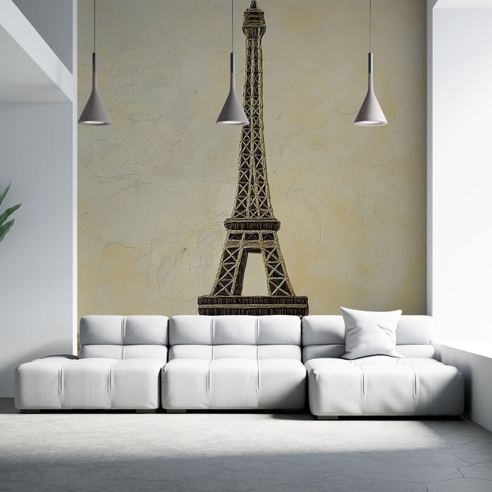 Papier peint mural avec silhouette stylisée de la Tour Eiffel sur fond doux pour salon moderne.