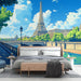 Papier peint panoramique avec vue animée de la Tour Eiffel et du fleuve pour chambre moderne.