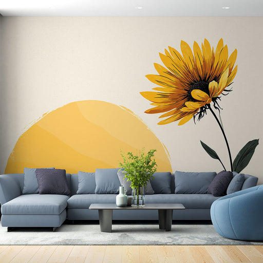 Un salon moderne avec un papier peint représentant un tournesol vibrant sur fond beige, créant une ambiance joyeuse et lumineuse.
