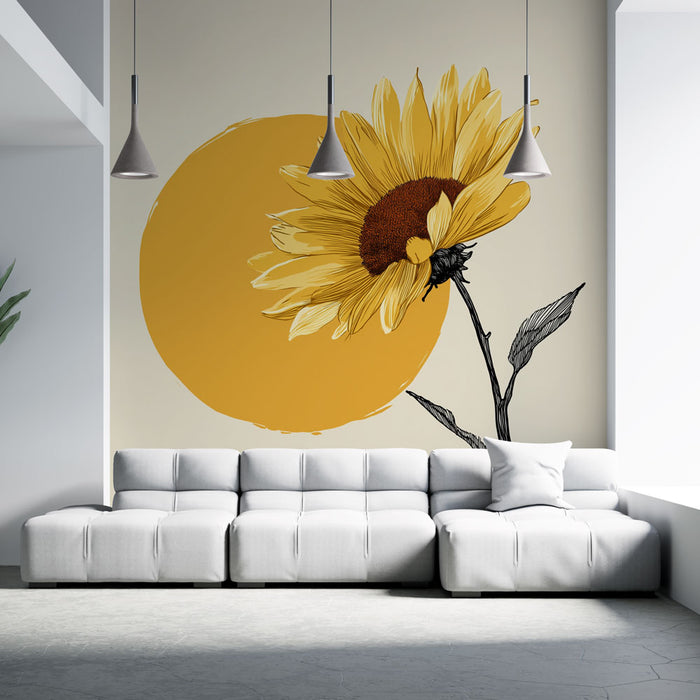 Un salon moderne avec un papier peint représentant un tournesol stylisé sur fond beige et un grand cercle jaune, évoquant une ambiance joyeuse et lumineuse.