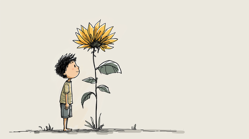 Papier peint tournesol Un enfant émerveillé devant une fleur géante