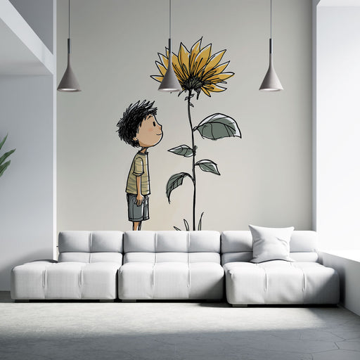 Un salon moderne avec un papier peint illustratif représentant un enfant admirant un tournesol, créant une ambiance joyeuse et rêveuse.