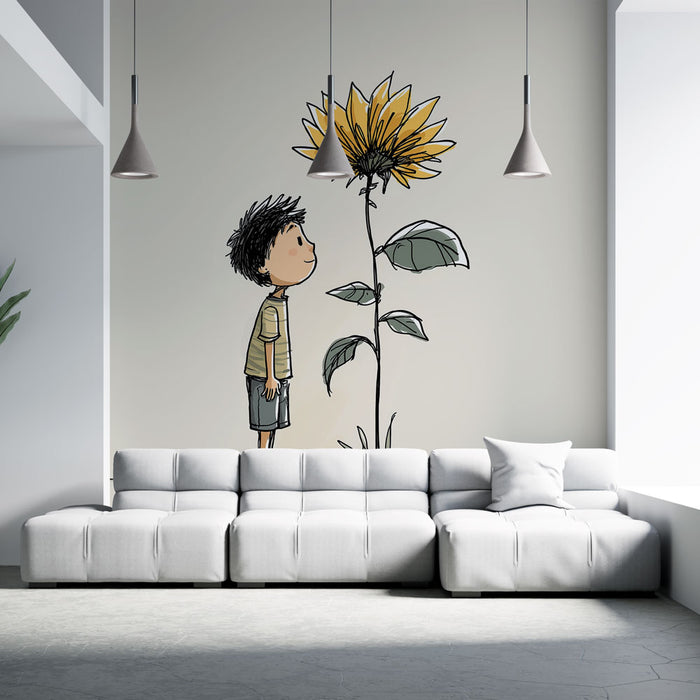 Un salon moderne avec un papier peint illustratif représentant un enfant admirant un tournesol, créant une ambiance joyeuse et rêveuse.