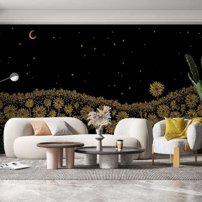 Un salon moderne avec un papier peint noir orné de fleurs dorées et d'étoiles, créant une ambiance nocturne et poétique.