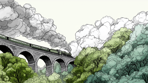 Papier peint train à vapeur Un viaduc majestueux entouré de verdure et de nuages